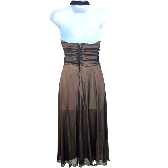 Connected Halter Maxi Chiffon Black Overlay Brown Formal Dress Size 12 Ruched - Picture 2 of 5